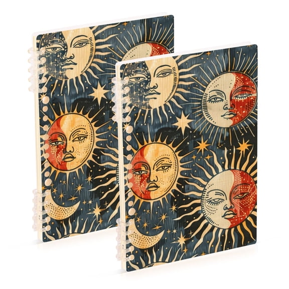 Sun and Moon Face Ring Binder Notebook Journey Note Diary College Ruled Spiral Notebook Study Loose Leaf Paper A5 60 Pages