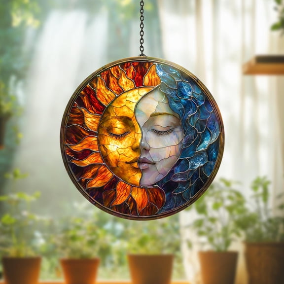 Sun and Moon Face Stained Acrylic Suncatcher Window Hanging Celestial Home Decoration Boho Wall Art Gift for Spiritual or Moon Lovers