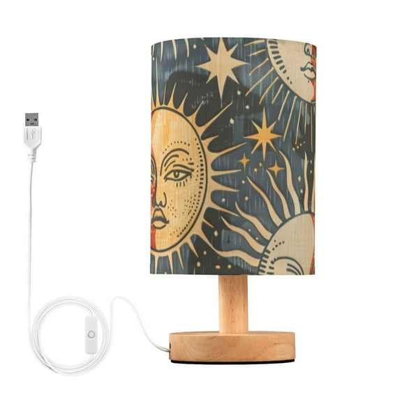 Sun and Moon Face Table Lamp USB Bedside Desk Nightstand Lamp Printed Gifts Small Lamp Wood Base for Bedroom Living Room Kids Room College Dorm