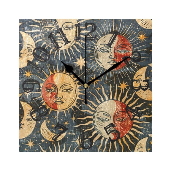 Sun and Moon Face Wall Clock Square Silent Non Ticking Battery Operated Clock for Home Bathroom Kitchen Bedroom Living Room