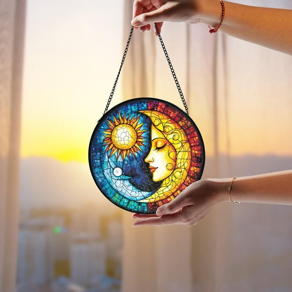 Sun and Moon Faux Stained Glass Suncatcher, Celestial Window Hanging, Night Sky Home Decor, Cosmic Lover Gift