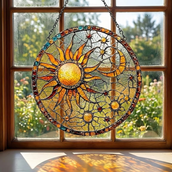 Sun and Moon Glass Suncatcher v8, Celestial Window Hanging, Boho Garden Decor, 6.3 in