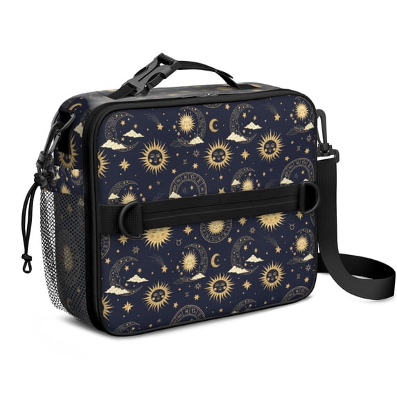 Sun and Moon Gothic Pattern Insulated Lunch Bag with Shoulder Strap and Bottle Holder,Bento School Lunch Bag Box,11x9.5x3.5 Inches