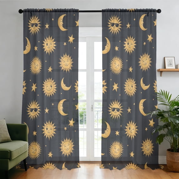 Sun and Moon Gothic Pattern Sheer Curtains, Voile Drapes with Dual Rod ...
