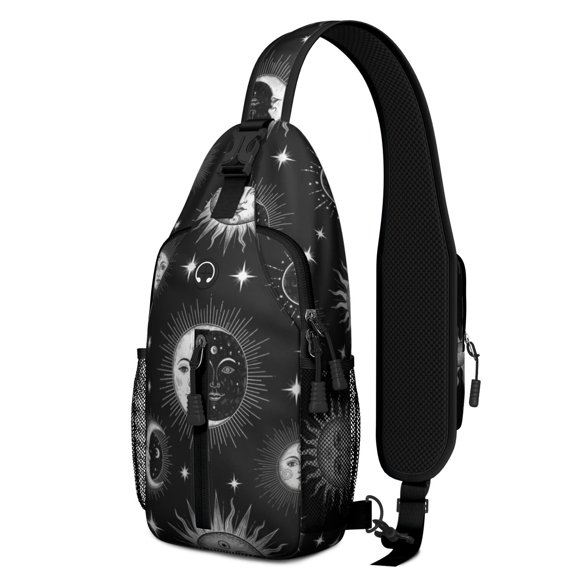 Sun and Moon Gothic Pattern Sling Backpack, Travel Shoulder Pack with Earphone Port, Multi Pocket Design Gift Ideas for Travel Shopping