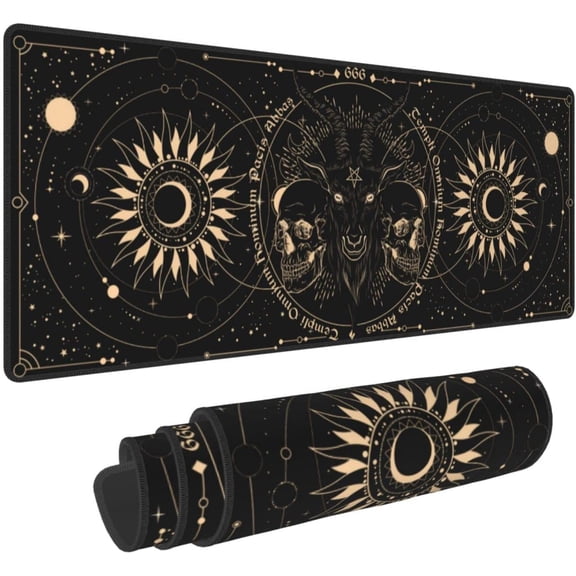 Sun and Moon Gothic Skull Goat Mouse Pad Extended Large Gaming Mouse Pad XL Oversized Desk Pad Stitched Edges 31.5 X 11.8 Inch