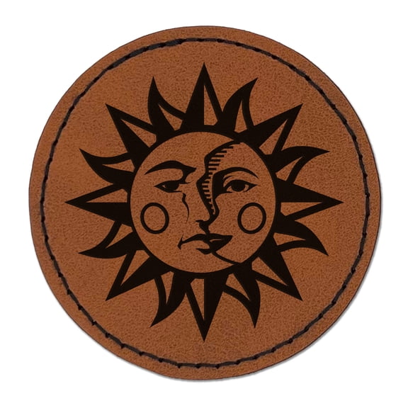 Sun and Moon Heraldic Faces 2.5" Faux Leather Round Engraved Iron-On Patch - Brown