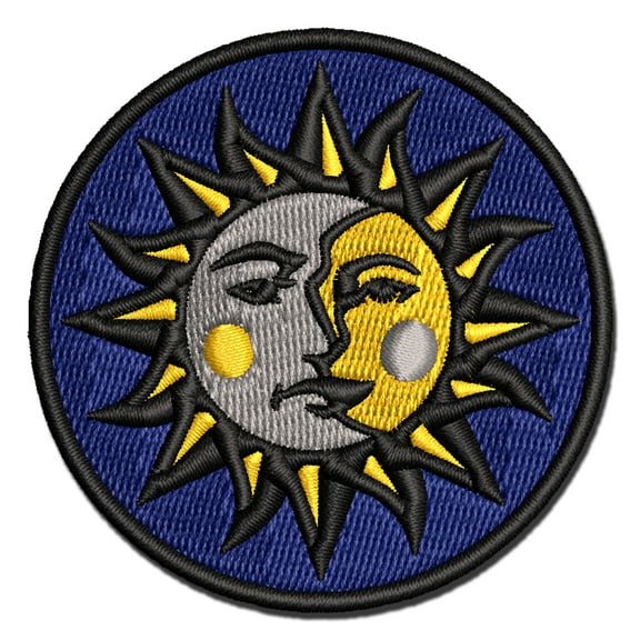 Sun and Moon Heraldic Faces Applique Multi-Color Embroidered Iron-On Patch - 2.5 Inch Small