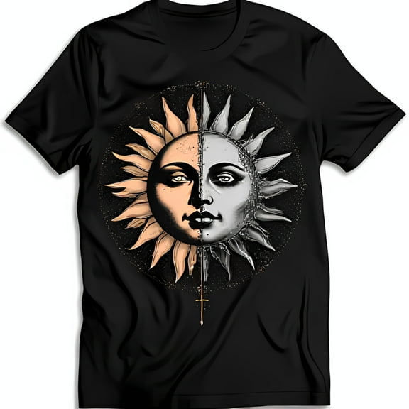 Sun and Moon Merged Face Graphic Black T-Shirt for Unique Style