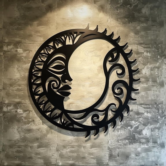 Sun and Moon Metal Wall Sculpture, Laser Cut Crescent Steel Decor
