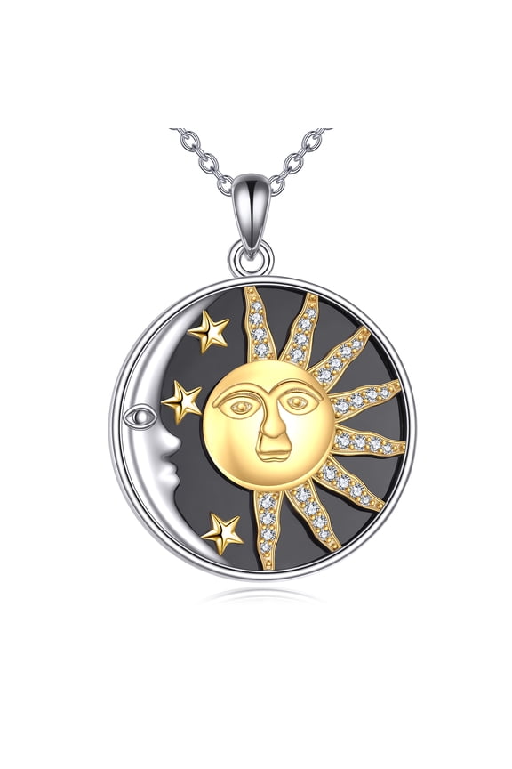 Sun and Moon Necklace Sterling Silver Black Agate Sun Moon Star Pendant Couples Jewelry Gifts for Women