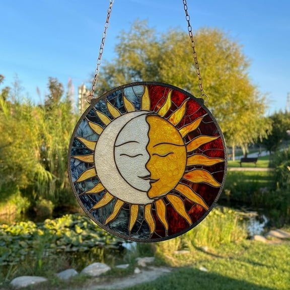 Sun and Moon Painted Stained Glass Suncatcher, Window Hanging Decor, Outdoor Sun Catcher Decor, Spritual Glass Decor