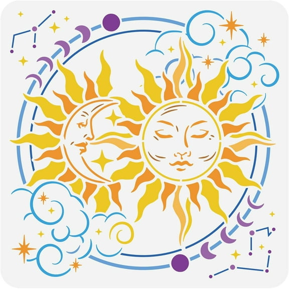 Sun and Moon Painting Stencil 11.8x11.8 inch Hollow Out Star Clouds Craft Stencil Reusable Plastic Moon Phase Stencil Template