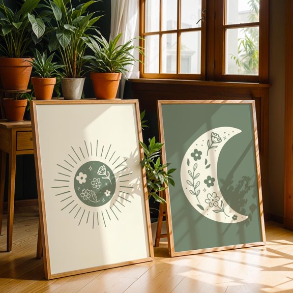 Sun and Moon Print Set Boho Sage Green Wall Art Celestial Decor Set 2 Unframed Paper Print 12x18