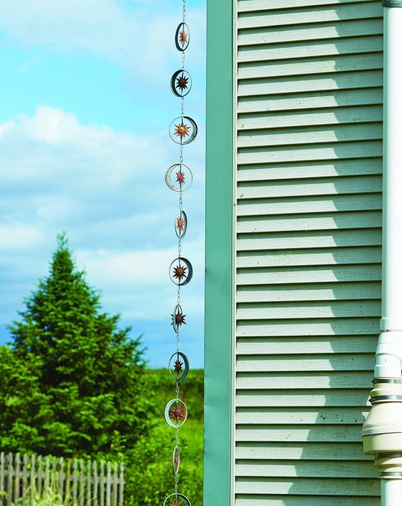 Flamed Zinc Sun and Moon Rain Chain with Steel Construction