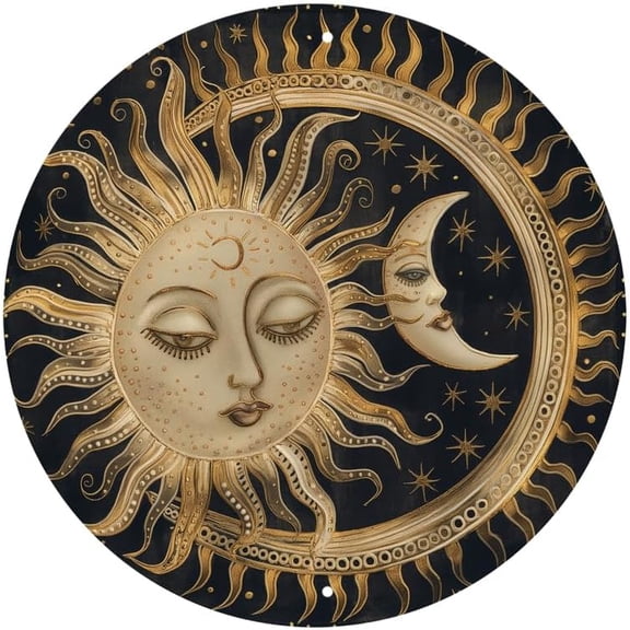 Sun and Moon Round Aluminum Sign Vintage Boho Gothic Halloween Metal Sign Suitable for Home Bar Cafe Office Room Restaurant Garage Decor 8x8 inch