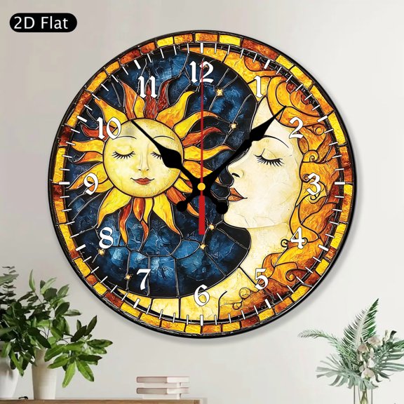 Sun and Moon Round Wall Clock, MDF Wood Home Wall Decor, Sun Moon Face Wall Clock, Sun Moon Star Decorative Clock