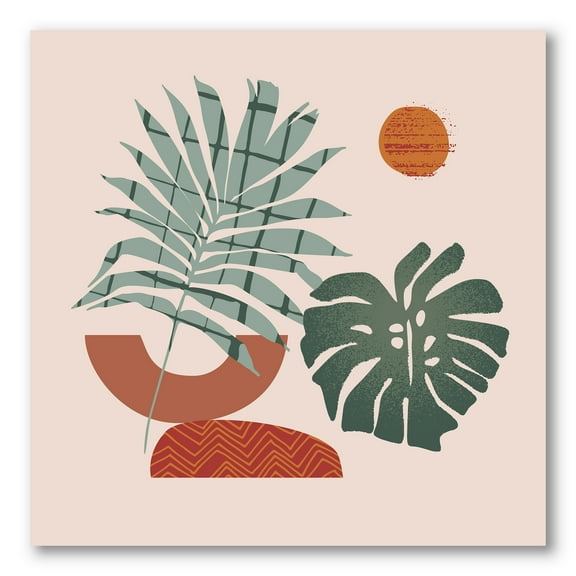 Sun and Moon Shapes In Retro Green & Terracotta Tone 16 in x 16 in Painting Canvas Art Print, by Designart