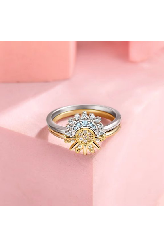 Sun and Moon Stackable Ring Set, 2-Piece Interchangeable Crystal Rings for Women
