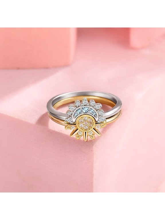 Sun and Moon Stackable Ring Set, 2-Piece Interchangeable Crystal Rings for Women