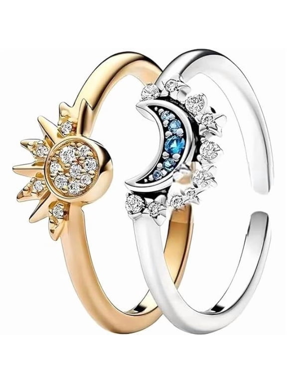 Sun and Moon Stackable Ring for Women, 2-in-1 Rotatable Spinner Ring, Gold Silver Plated CZ Crystal Fidget Ring, Celestial Anxiety Relief Jewelry