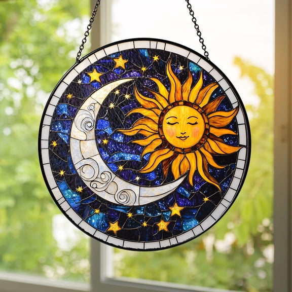 Sun and Moon Stained Glass Suncatcher | Celestial Window Hanging with Stars | Boho Spiritual Astrology Home Dcor Gift