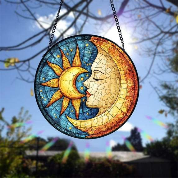 Sun and Moon Stained Glass Suncatcher, Garden Window Hanging Ornament, Celestial Home Decor Gift, Nature Lover Present