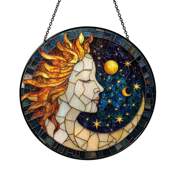 Sun and Moon Stained Glass Suncatcher Window Hanging, Celestial Harmony Decor Accent, Spiritual Inspired Home Ornament
