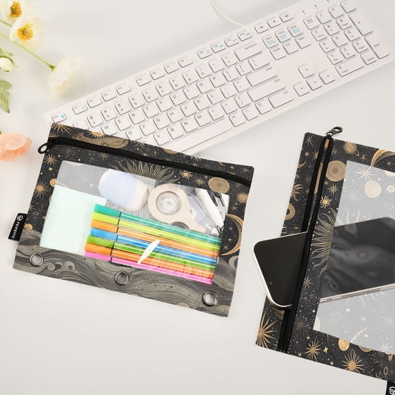 Sun and Moon Stars Waves 2 Pack Pencil Pouches Zipper Pencil Case 3 Ring Pencil Pouch Cosmetic Bag