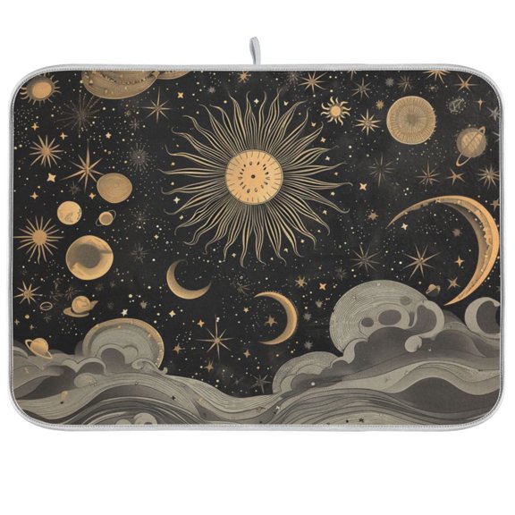 Sun and Moon Stars Waves Dish Drying Mat Dish Drainer Rack Mats Water Absorbent Non-Slip Easy Clean Heat Resistant for Kitchen Counter