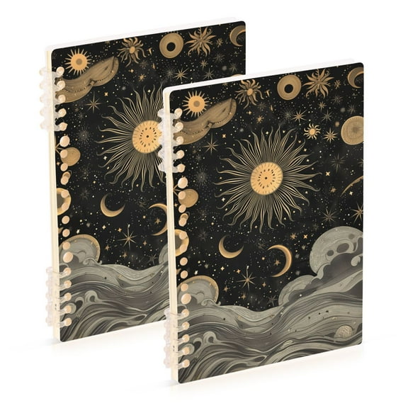 Sun and Moon Stars Waves Ring Binder Notebook Journey Note Diary College Ruled Spiral Notebook Study Loose Leaf Paper A5 60 Pages