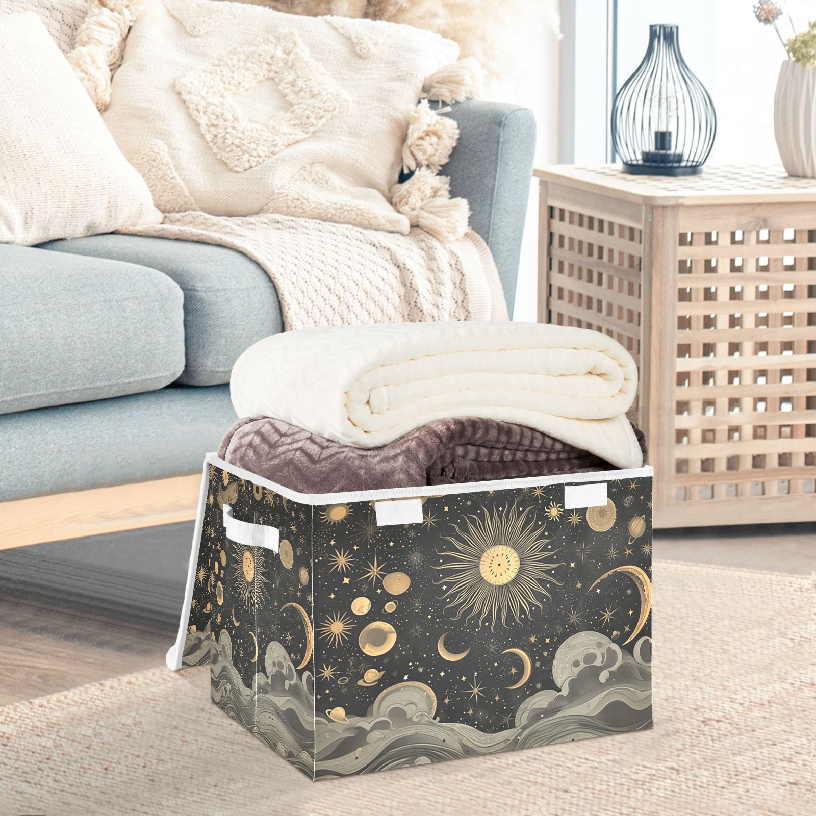 Sun and Moon Stars Waves Storage Basket Foldable Laundry Basket Shelf ...