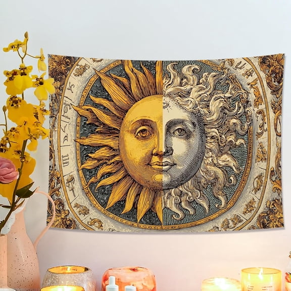 Sun and Moon Tapestry, Yellow Decorative Wall Hanging, Celestial Bohemian Aesthetic for Living Room, Bedroom, Dorm, Home Decor 40x30 Inch