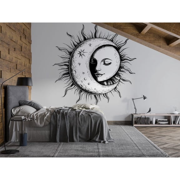 Sun and Moon Wall Decal Large Celestial Bedroom Mural Boho Witchy Line Art Removable Vinyl Wall Decor