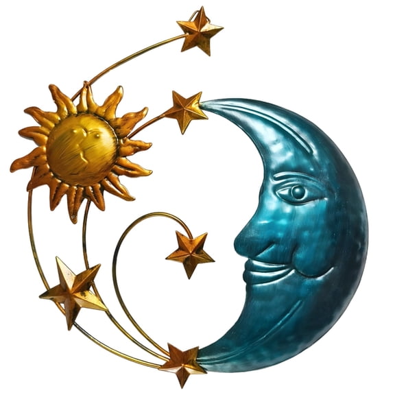Sun and Moon Metal Wall Art, Blue and Gold Face Wall Decor with Star Accents, Unique Patio Garden Boho Wall Hangings for Indoor Outdoor