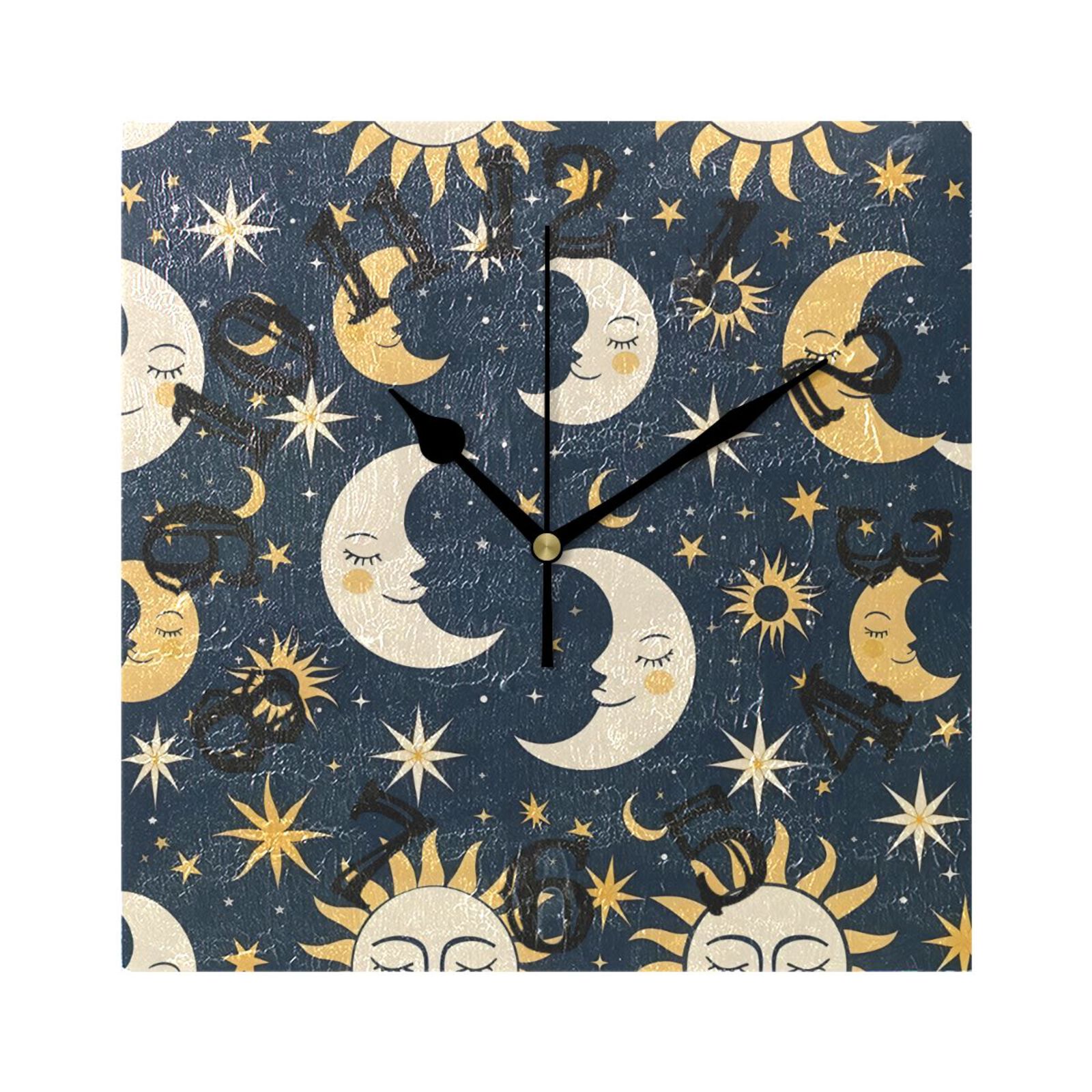 Sun and Moon and Star Wall Clock Square Silent Non Ticking Battery ...