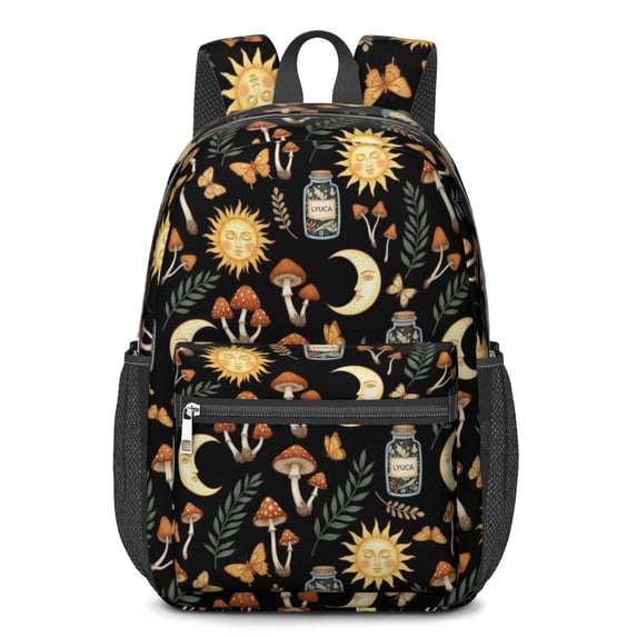 Sun and Mushroom Gothic Pattern 17" Waterproof Oxford School Backpacks for Teens, S-Shape Padded Straps, for School, Travel, Hiking, Camping