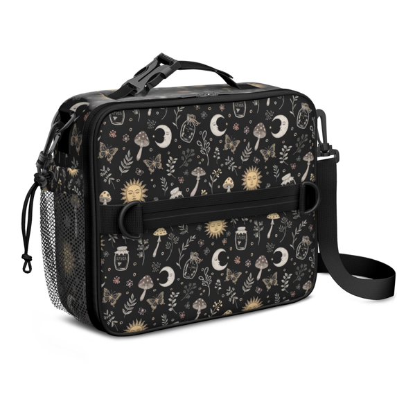Sun and Mushroom Gothic Pattern Insulated Lunch Bag with Shoulder Strap and Bottle Holder,Bento School Lunch Bag Box,11x9.5x3.5 Inches