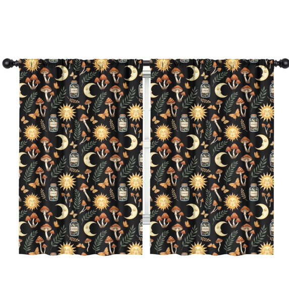 Sun and Mushroom Gothic Pattern Insulated Teens Curtains Set Of 2, Bedroom Essentials, Toddler Room Decor 42"x63"