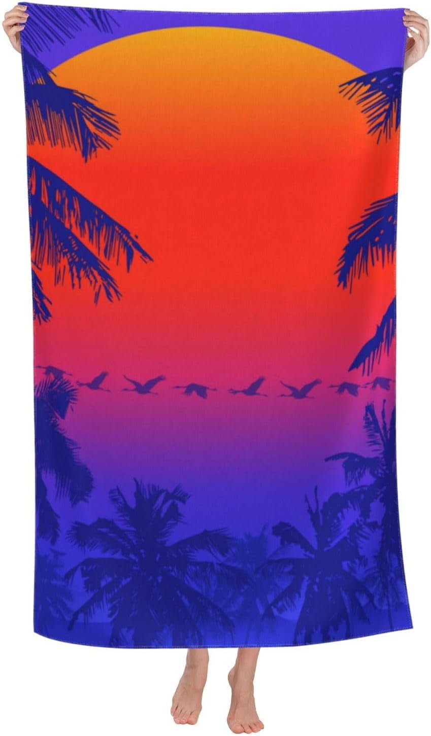 Sun and Palm Trees Large Beach Towel - Plush Thick Cotton Pool Towel, Adult Beach Towels