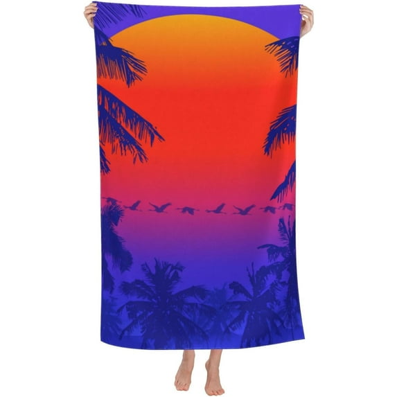 Sun and Palm Trees Large Beach Towel - Plush Thick Cotton Pool Towel, Adult Beach Towels
