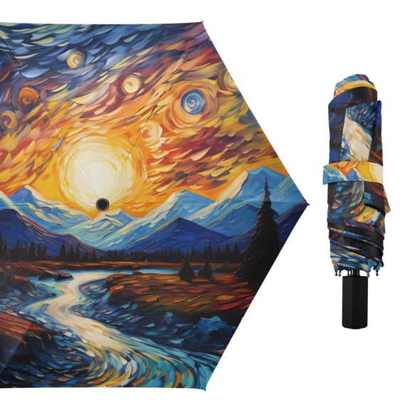 Sun and River Oil Painting Compact Sun Umbrella Windproof Travel Umbrellas for Rain Strong Portable UV Protection