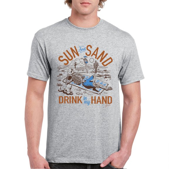 Sun and Sand Drink in My Hand T-shirt But its a Dry Heat Funny Skeleton Desert Summer Beach Vacation Men's Tee