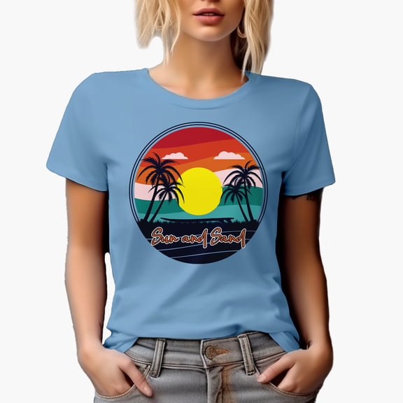 Sun and Sand with Surf Board & Palm Trees, Baby Blue T-Shirt, XL