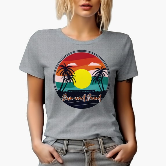 Sun and Sand with Surf Board & Palm Trees, Heather Grey T-Shirt, Small