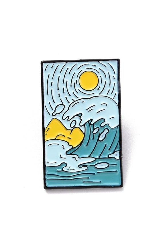 Sun and Sea Enamel Pin Rectangle with Scenery Alloy Enamel Brooch for Backpack Clothes Electrophoresis Black Light Blue 30.5x19x10.5mm Pin: 1mm.
