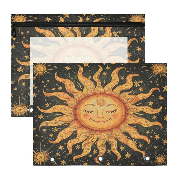 Sun and Stars Black A4 Pencil Pouch 3 Ring Zipper Pencil Pouches Pencil Case for Binder Cosmetic Bag 2 Pack