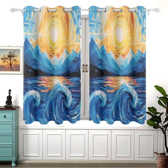 Sun and Waves Blackout Curtains for Living Room Bedroom 55W x 54L Insulated Window Drapes 2 Panels