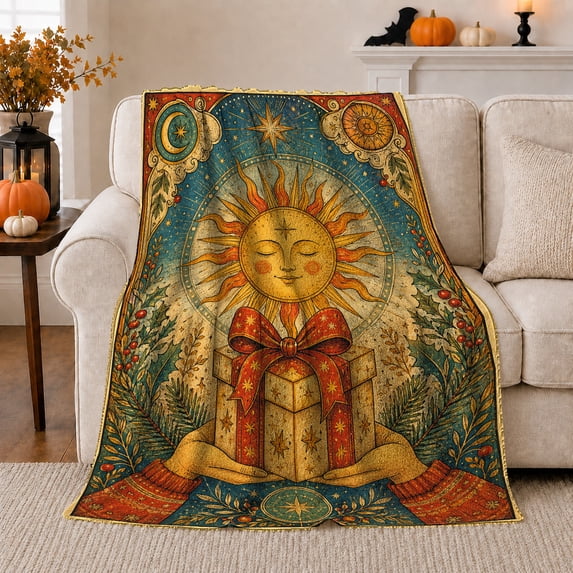 Smiling Sun Above Wrapped Present Held By Hands, Warm Festive Celestial Illustration for Celestial Art Enthusiasts, Christmas Gift, Flannel Blanket and Home Decor for Living Room and Study