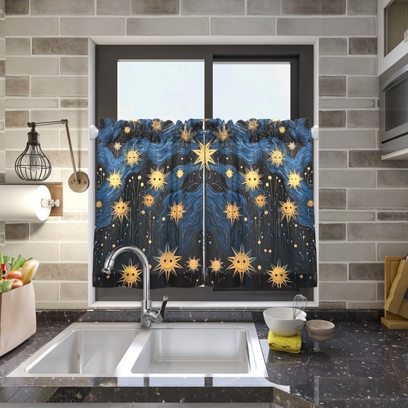 Sun in Blue and Black Kitchen Curtains Half Tier Curtain 2 Rod Pockets Bathroom Bedroom Cupborad Living Room 27"x24"